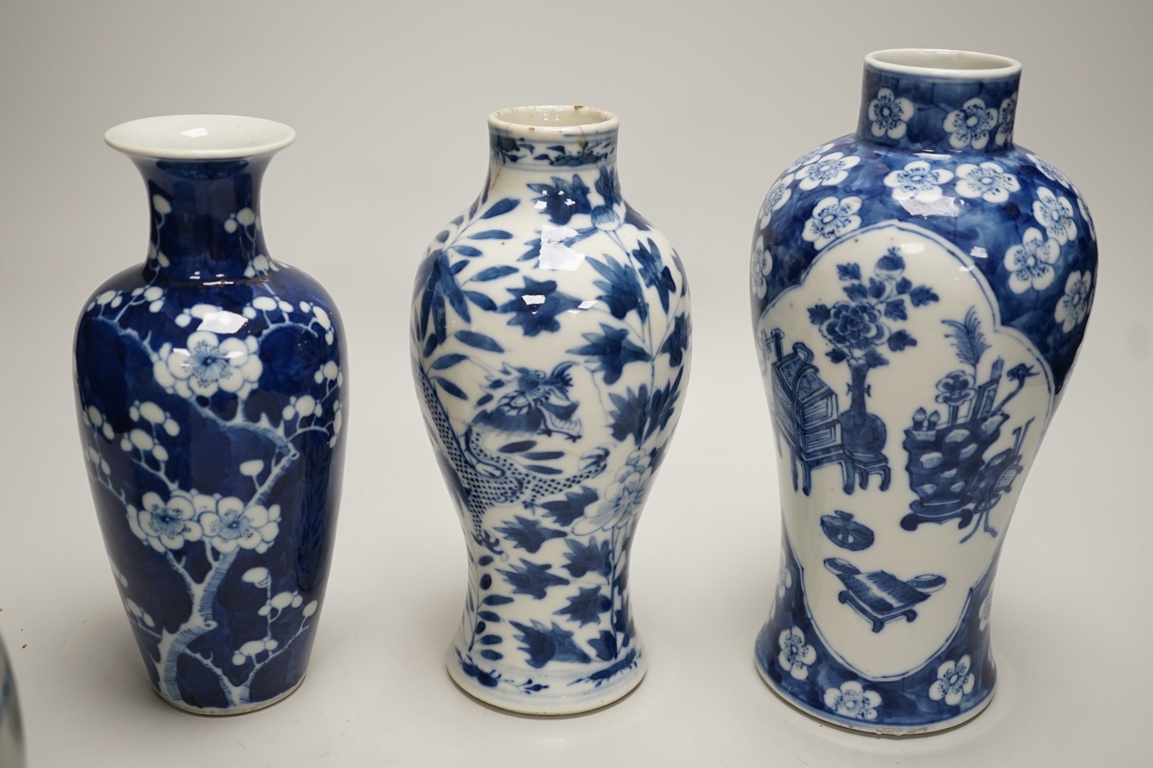 Three Chinese blue and white vases and a similar jar, 19th century, tallest 22.5 cm